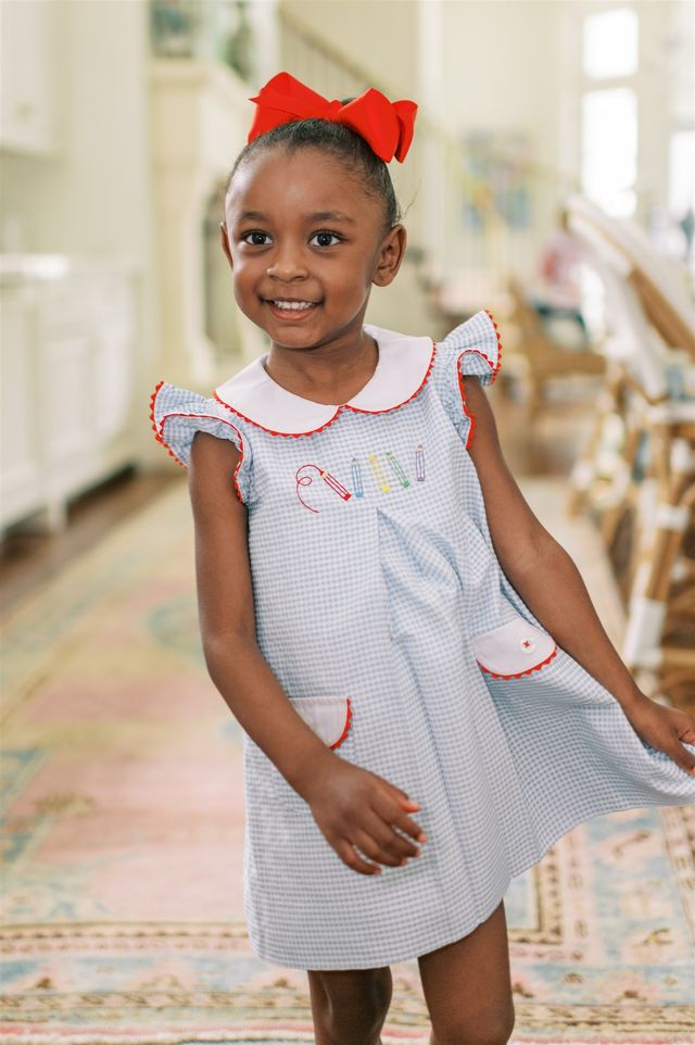 Blue and white gingham school dress shop